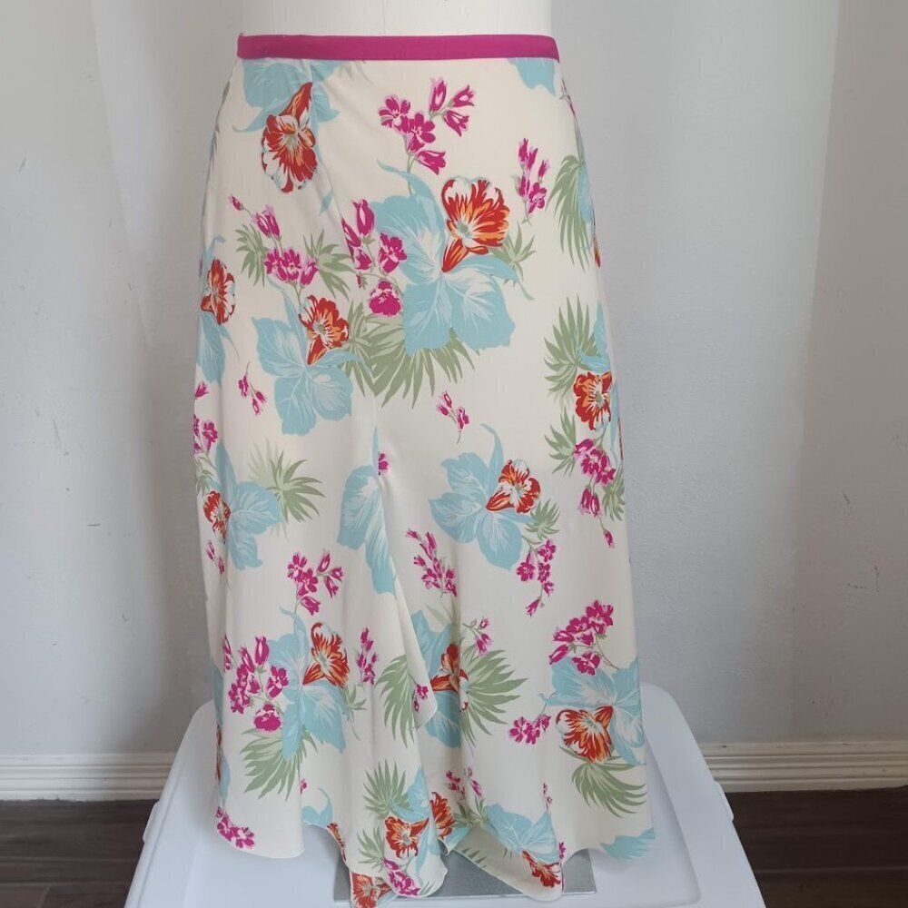 Y2K Lord & Taylor Women's Silk Midi Skirt Floral Tropical Hawaiian Size 12 Beach